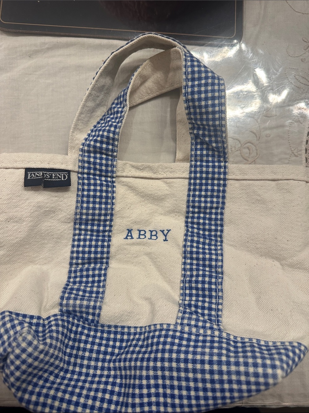 Lands' End Cream Canvas Tote with Blue Gingham Trim with initial name, Abby
